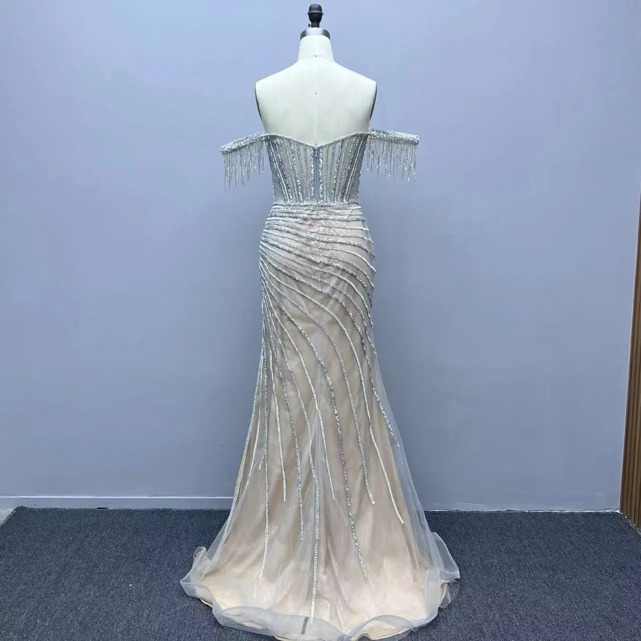 Red Off Shoulder Evening Dresses for Women Beaded with Front Leg Slit Fitted Bodice Perfect for Formal Events Prom