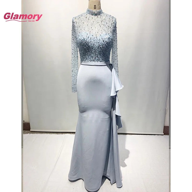 Light Blue High-necked Long-sleeved Ruffled Beaded Mermaid Ball Gown for Arab Women Muslim Islamic Evening Dress