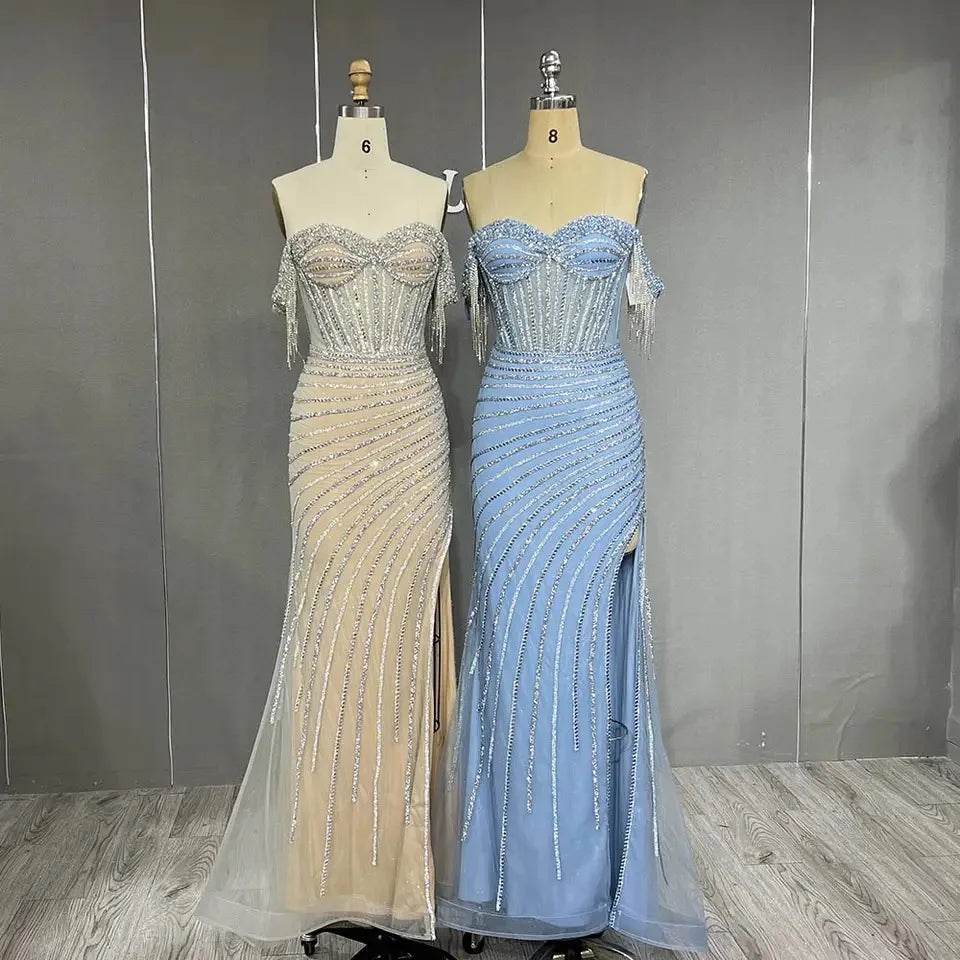 Ladies Sexy Evening Dress Off Shoulder With Tassel Elegant Beaded  Long Prom Dress