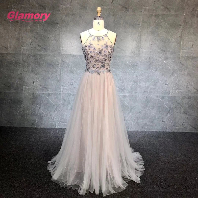 Top Selling Handmade Beading Low Back Tulle Formal Party Evening Prom Dresses for Ladies