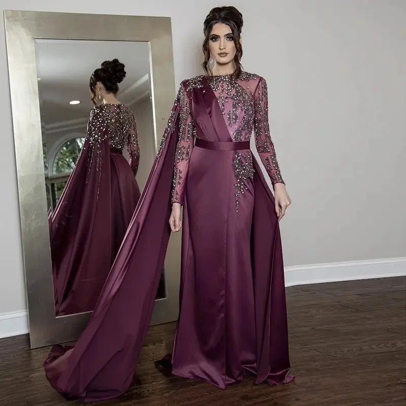 2024 New Arrival Muslim Satin Evening Dresses Purple Formal Party Evening Dresses for Women Luxurious