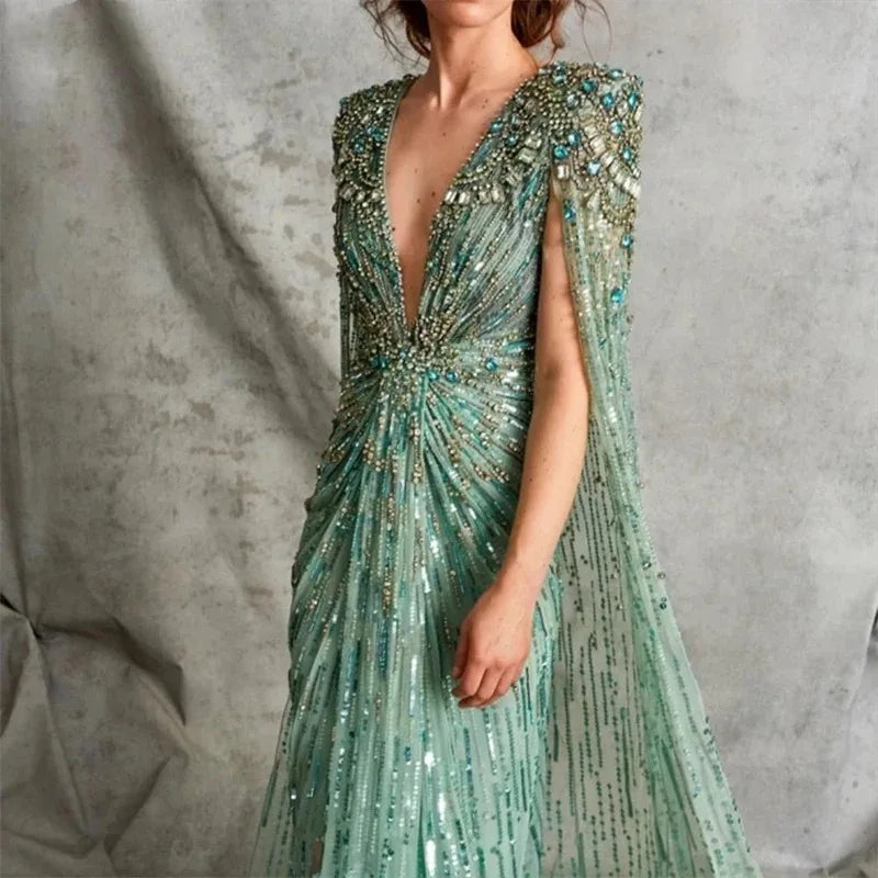 Green Evening Dresses Luxury Dubai With Cape Fuchsia Crystal Gold Mermaid Women Wedding Formal Party Gownlle Adults