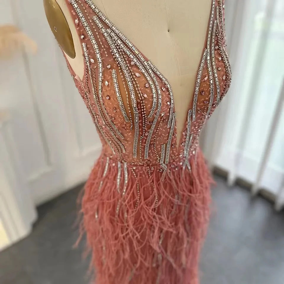 New Design V-Neck Spaghetti Strap  Feathers Beading Mermaid Dress for Women Party