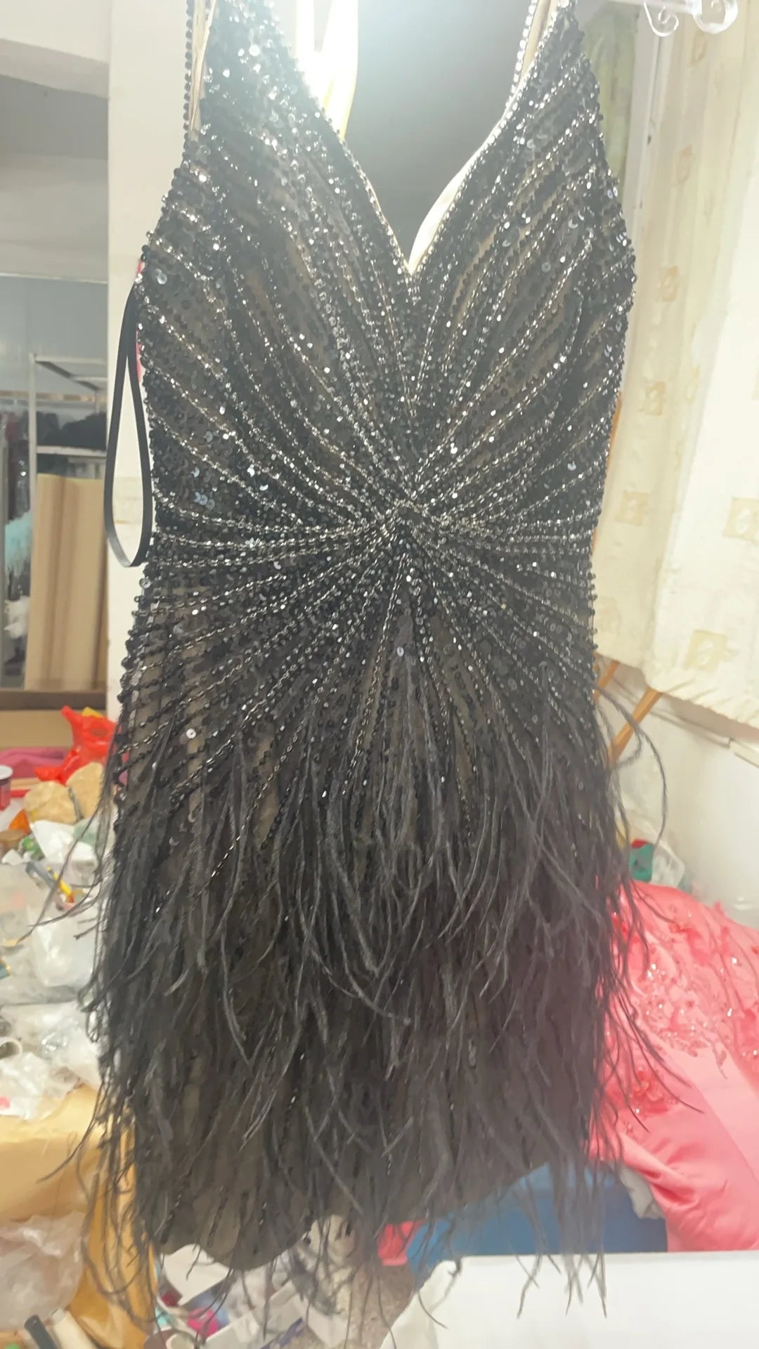 New Short Luxury Beaded Gown With Feathers Sexy Split Thigh Sheer Long Elegant Evening Dresses