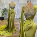 Arabic Lemon Green Satin Mermaid Evening Prom Dresses Ruffles Long Mermaid Prom Dresses With Crystal