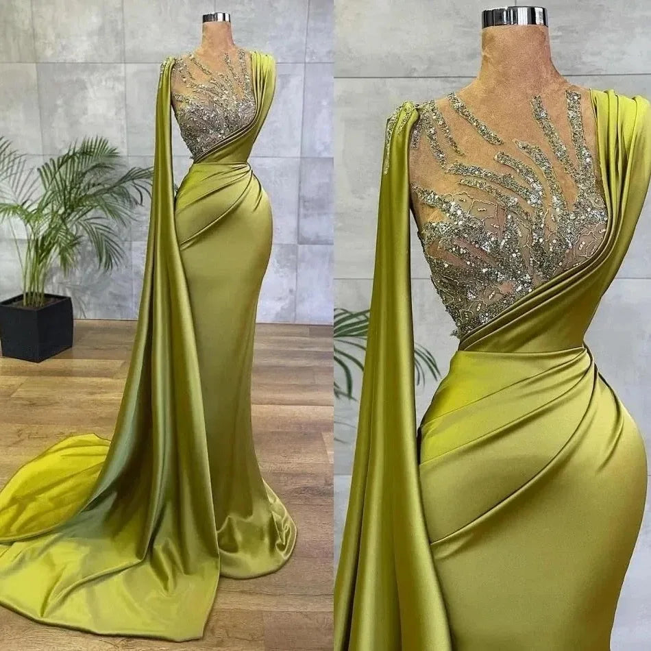 Arabic Lemon Green Satin Mermaid Evening Prom Dresses Ruffles Long Mermaid Prom Dresses With Crystal