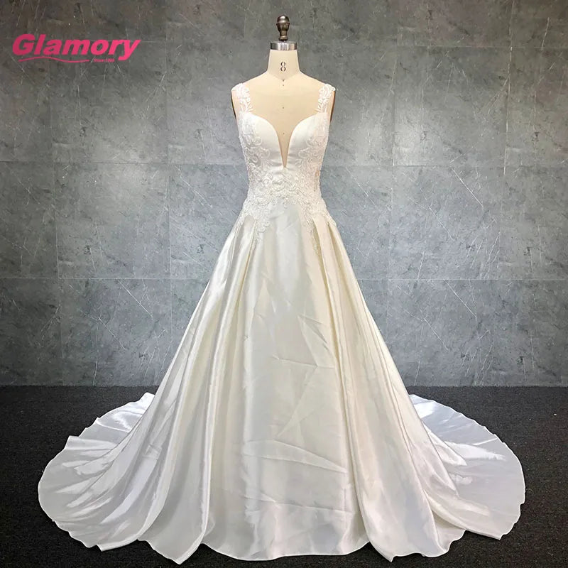 2020 Custom Made Elegant Vestido De Noiva Soft Satin Lace Appliqued Wedding Ball Gown Bridal Dresses