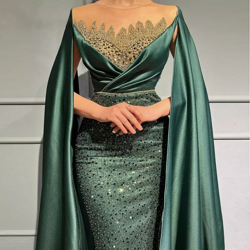 2022 New Arrival Luxury  Elegant Mermaid Sequined Evening Dress With Cape for Women Plus Size With Pearls