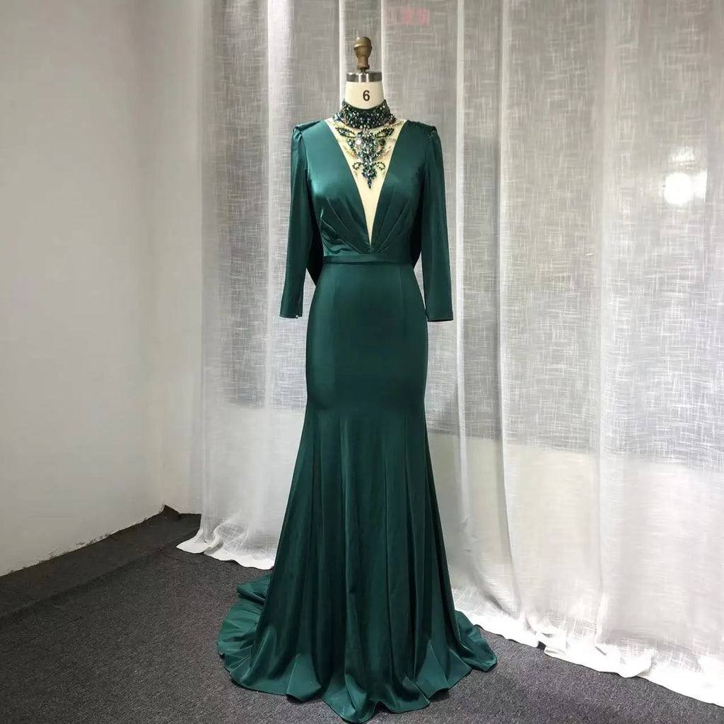 Real Photos Long Sleeve High Neck Green Color Evening Dresses Crystal Beaded Long Prom Party Dresses