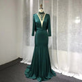 Real Photos Long Sleeve High Neck Green Color Evening Dresses Crystal Beaded Long Prom Party Dresses