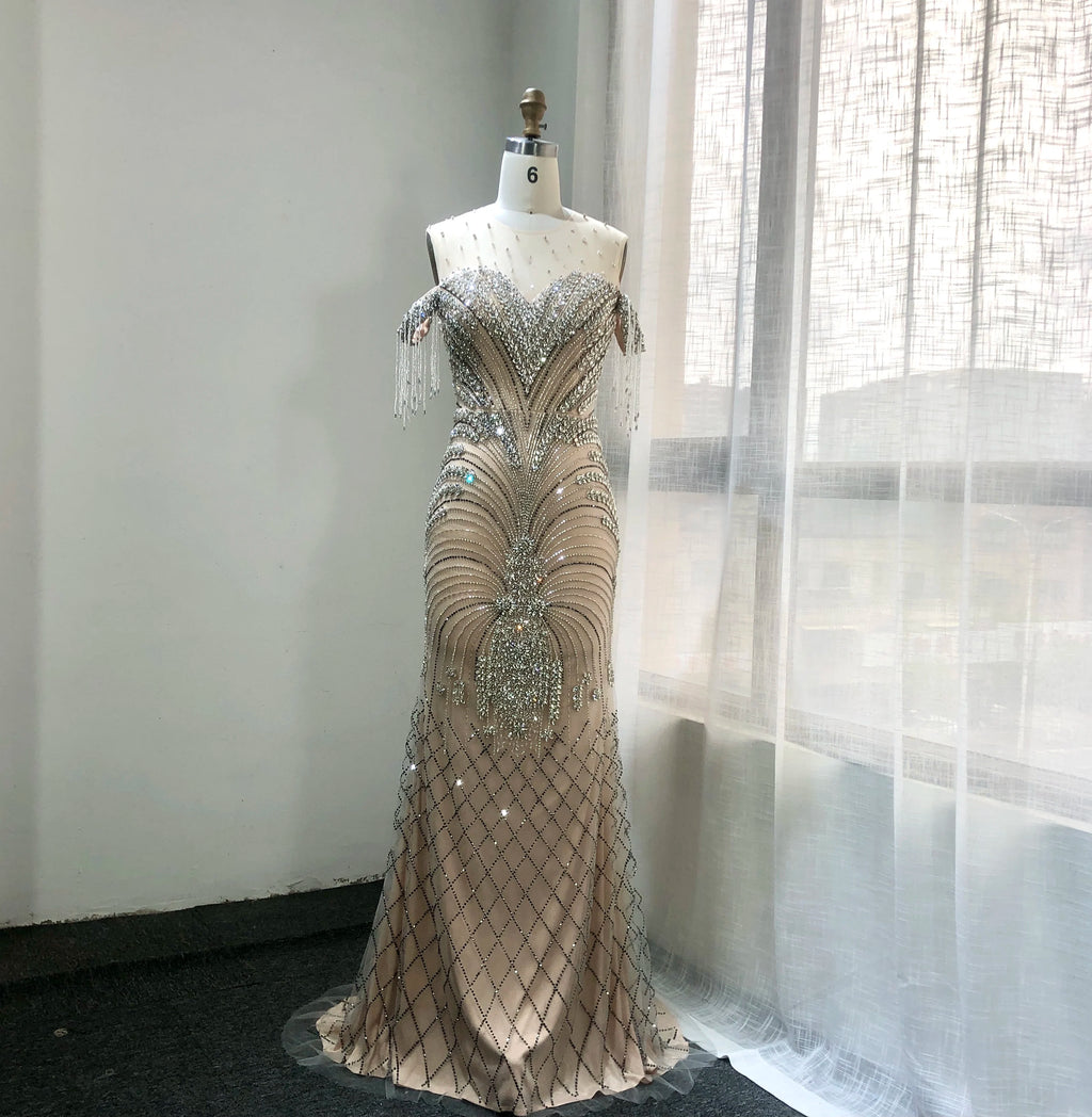 2025 New Illusion Shining Beading Formal Dresses Mermaid Prom Dresses Tassel Tulle Mermaid Evening Dresses