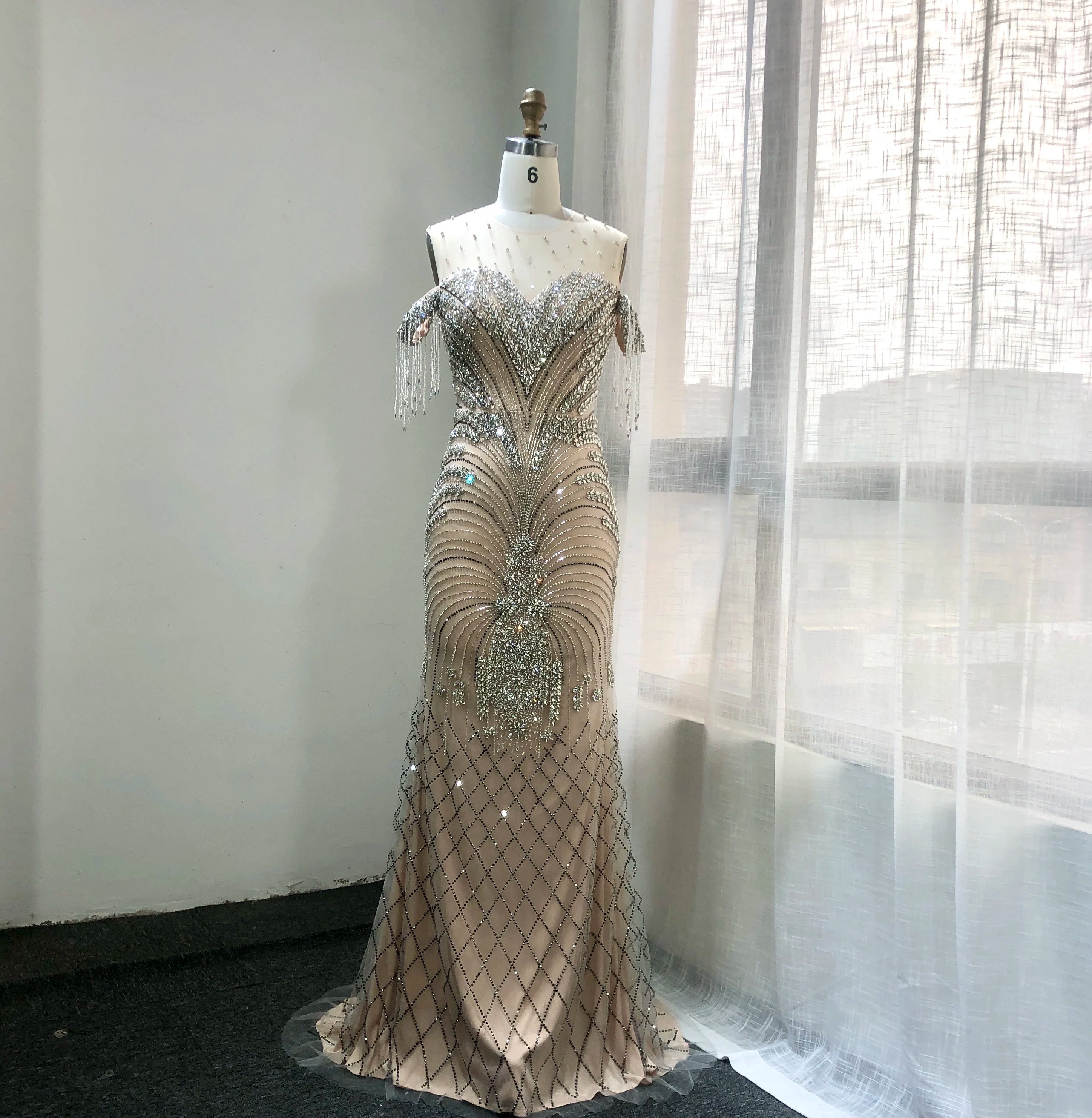 2025 New Illusion Shining Beading Formal Dresses Mermaid Prom Dresses Tassel Tulle Mermaid Evening Dresses