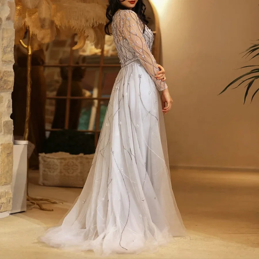 Hot Sale New Design Tulle Prom Dress Long Sleeve  Evening Dresses With Crystal Beading