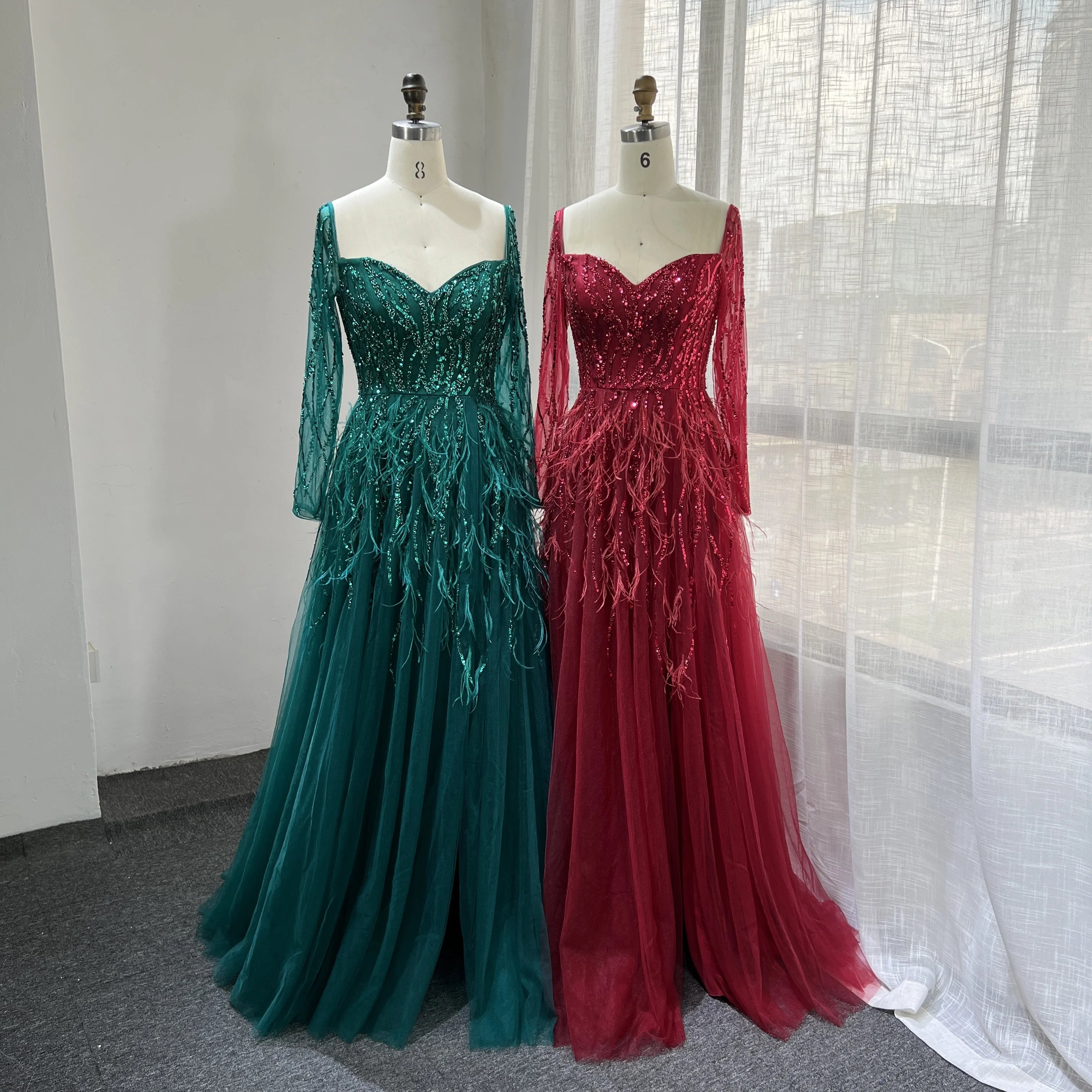 2022 Colors Long Sleeves a Line Beaded Feathers Evening Dresses Party Gowns for Women