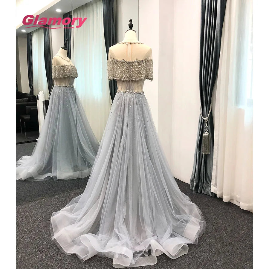 Hot Sale Evening Dresses Light Blue Short Sleeve a Line Party Wear Crystal Beaded Tulle Sexy Prom Dress