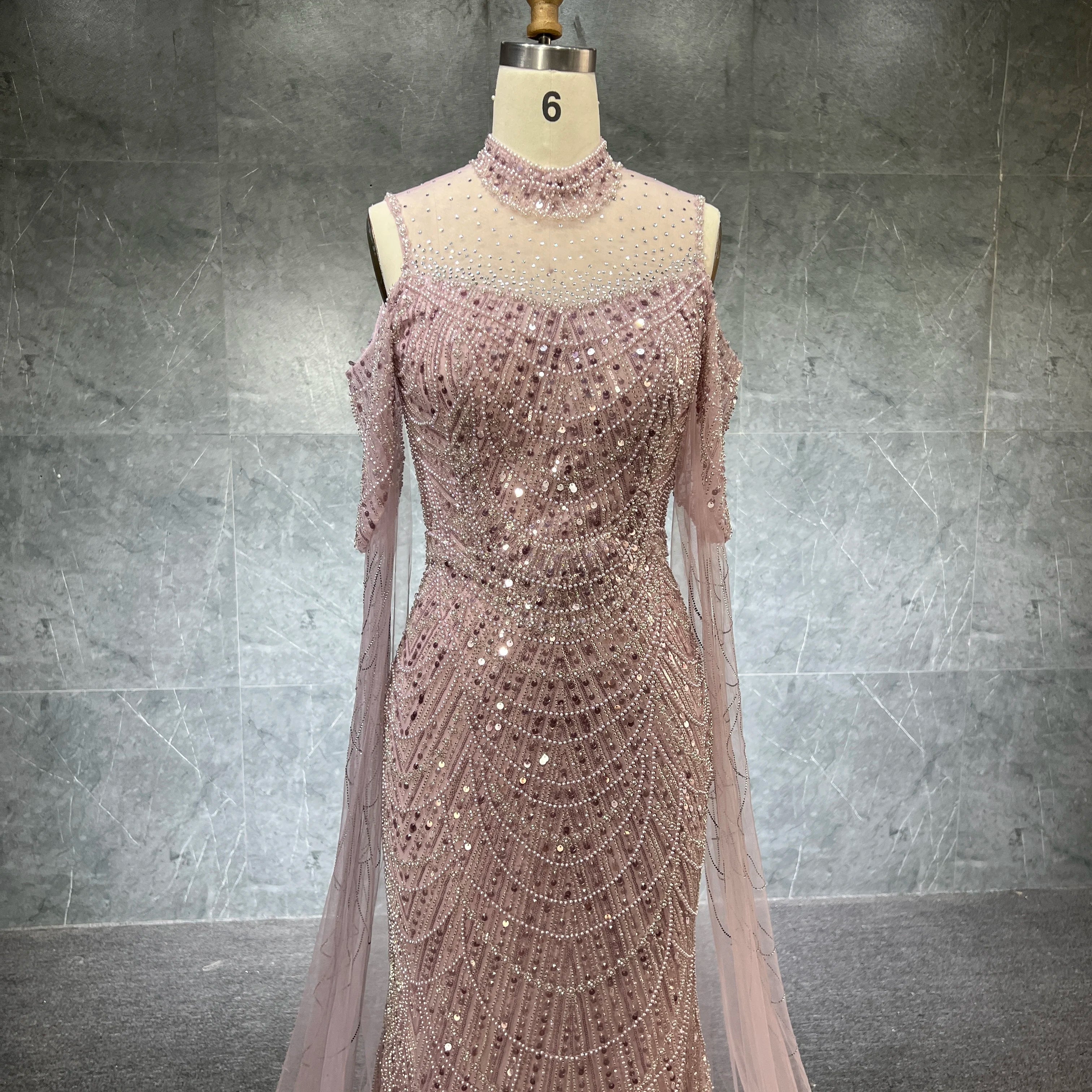 Luxury High Neck Mermaid Evening Dresses With Cape Heavy Pearls Women Wedding Formal Party Gown Stock