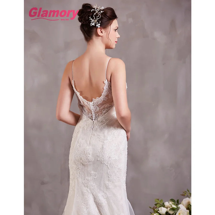 2020 Elegant Appliqued Bridal Mermaid Deep v Neck Spaghetti Strap Wedding Dress