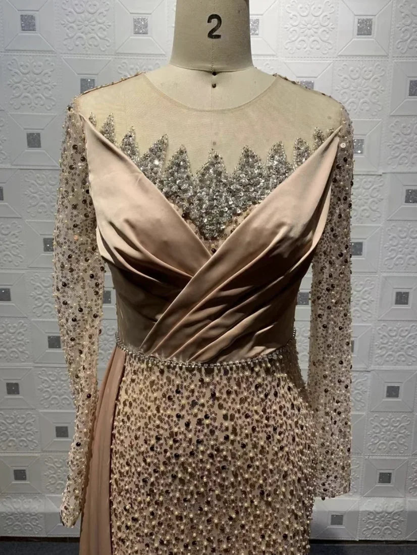 2022 Champagne Mermaid O Neck Banquet Sequin Long Sleeve Prom Dress Beaded Robe De Soiree Evening Dresses