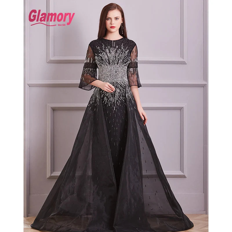 Black Plus Size Prom Gowns Handmade Beaded Women Evening Dress With Great Price