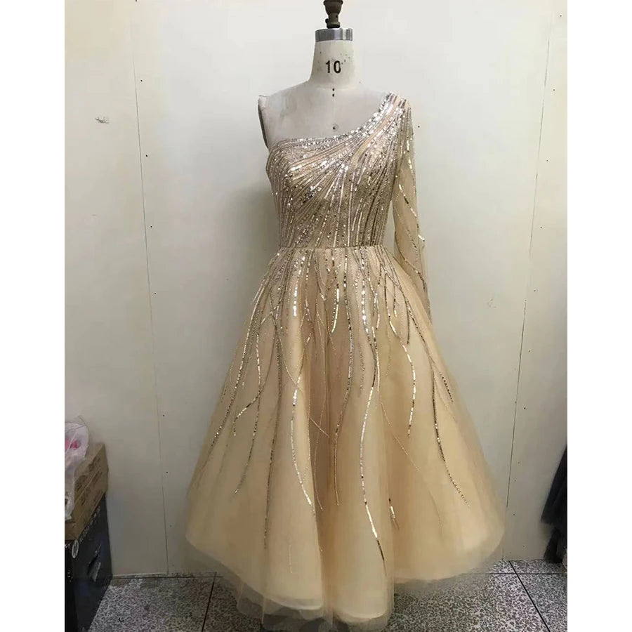 2021 Green a Line One Shoulder Sexy Party Dresses Beaded Mid Length Evening Gowns for Women Wear