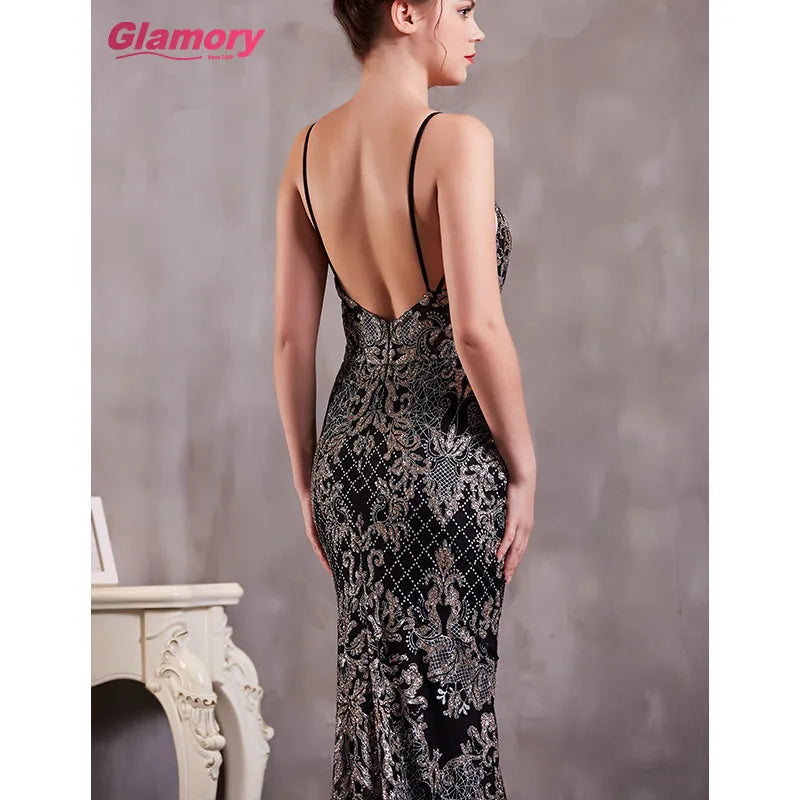Sexy Suspenders Dress Fishtail Sequin Lace Evening Dresses Backless Bodycon Evening Dresses for Women