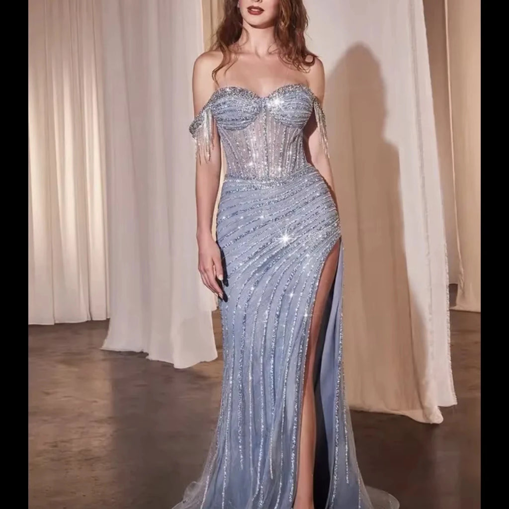 Ladies Sexy Evening Dress Off Shoulder With Tassel Elegant Beaded  Long Prom Dress