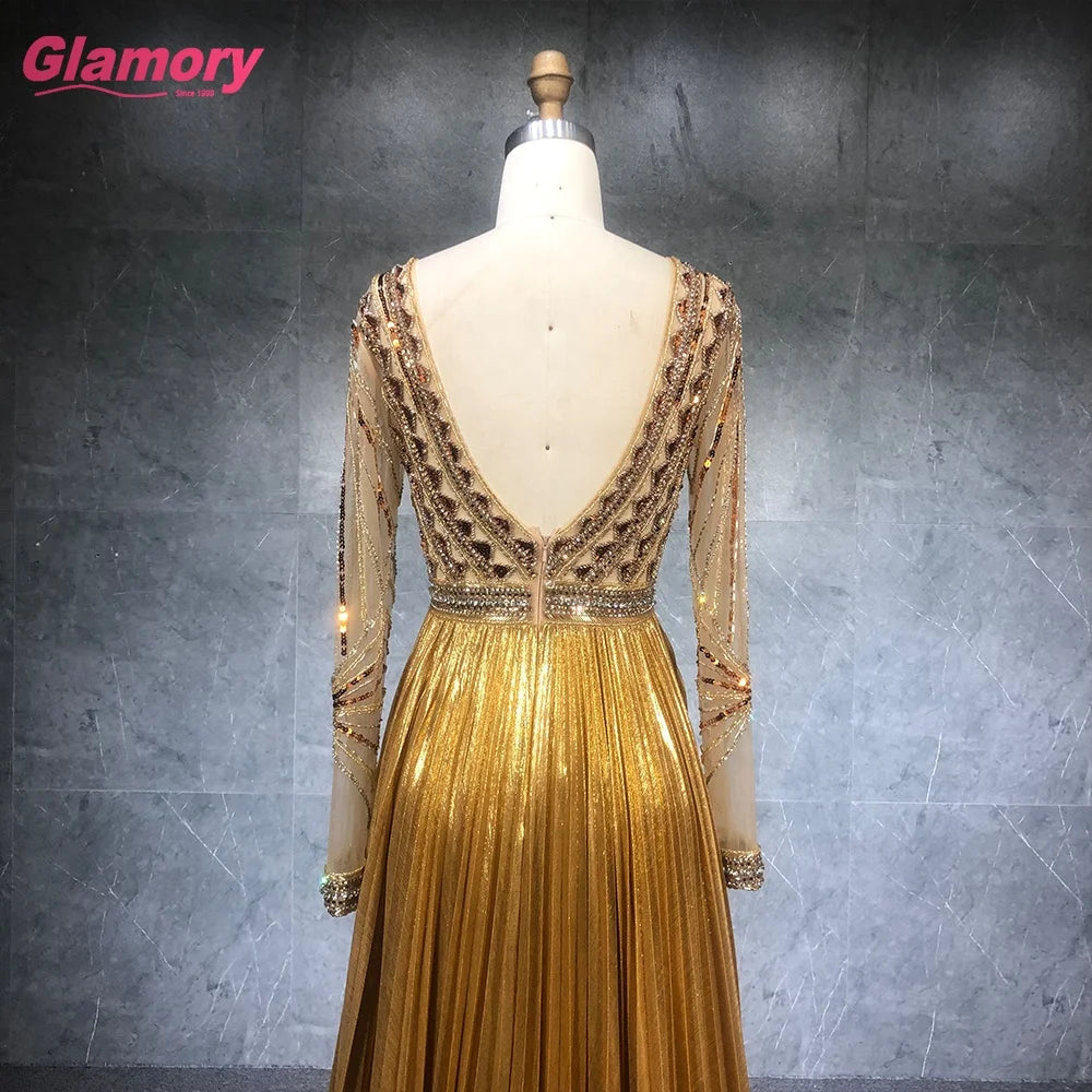 2021 New Collection Luxury Long-Sleeve V-Neck Party Gown for Fat Women Celebrity Sexy Evening Dress