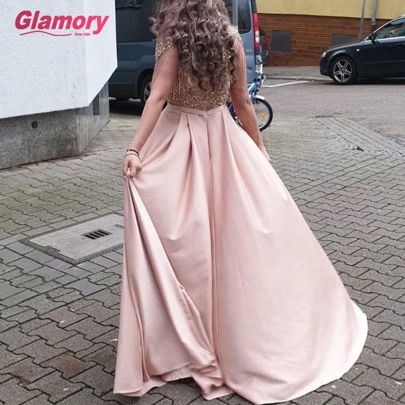 High Neckline  Dubai Style Special Gown Top Beaded Satin Party Gown