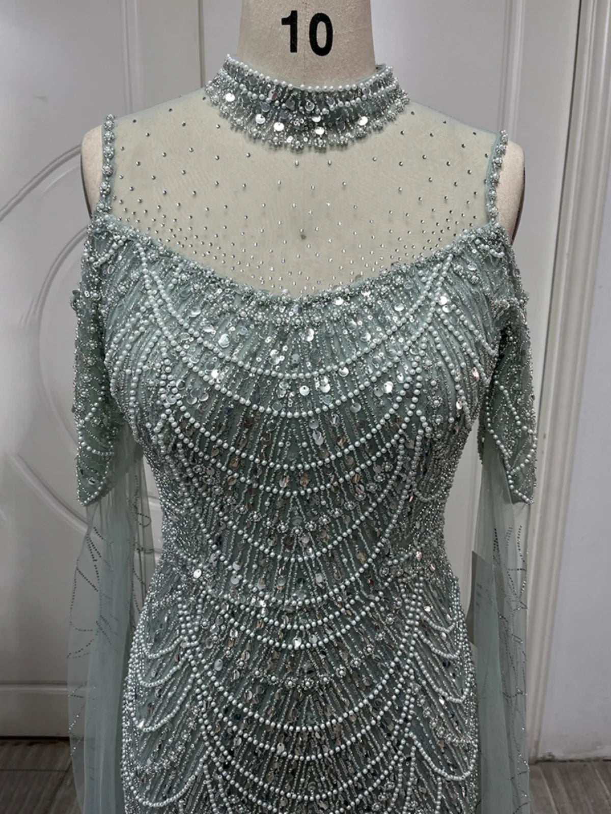 Luxury High Neck Mermaid Evening Dresses With Cape Heavy Pearls Women Wedding Formal Party Gown Stock