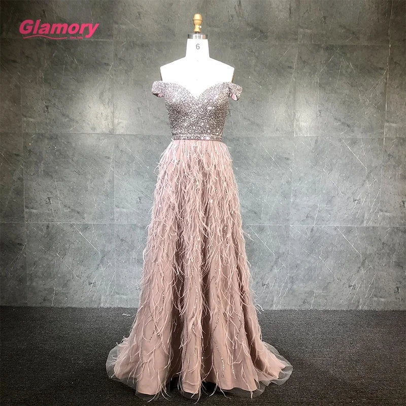 Hot Selling Sexy Woman Beading Prom Dresses Off Shoulder Feather Lady Evening Gowns