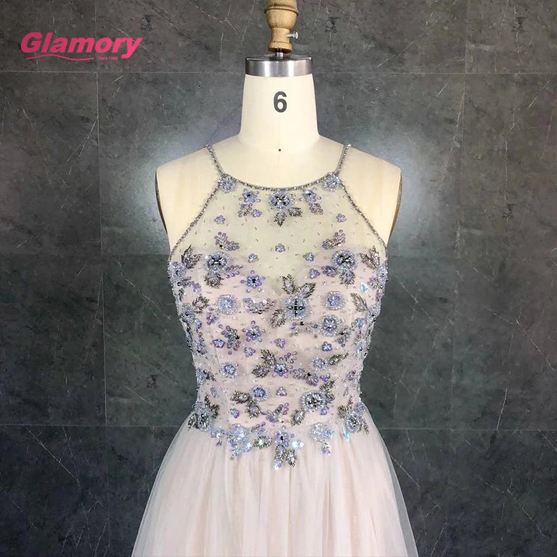 Top Selling Handmade Beading Low Back Tulle Formal Party Evening Prom Dresses for Ladies