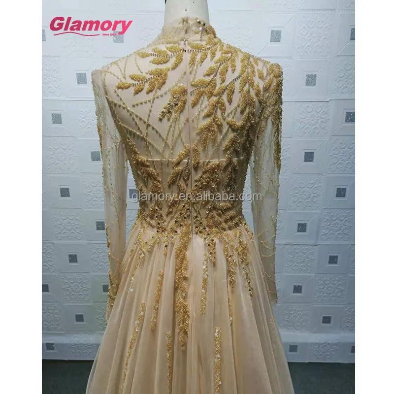 New Arrival Gold High Neck Long Sleeve Luxury Handmade Beading Evening Dress