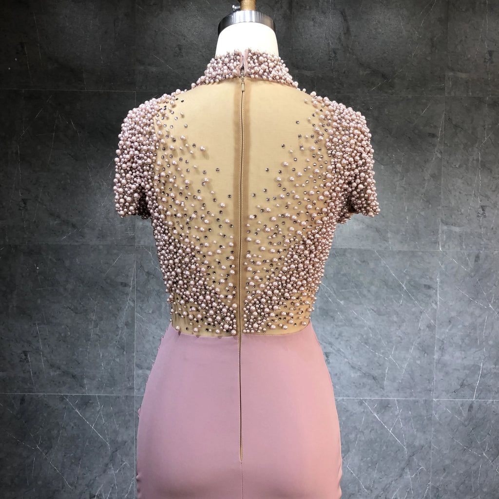 2022 Womens Sexy Beaded Patchwork Slit Satin Women Dress Short Sleeved Elegant Party Gown Dress for Women