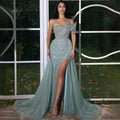 Turquoise Luxury One Shoulder Beading Evening Party Dress With Overskirt Side Slit Sexy Long Prom Dress