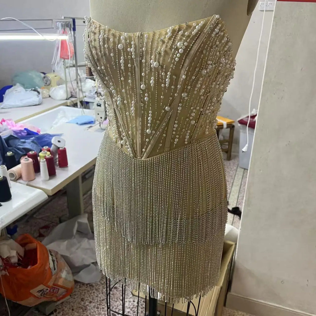 Silver Sexy New Mini Dress Tassel Pearl Stripe Mini Cocktail Party Slim Fit Evening Dress High Waist Sleeveless Strapless