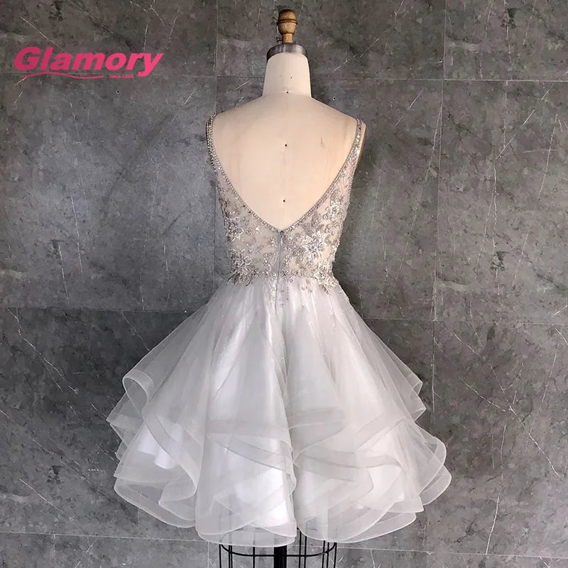 New Style Lace Embroidery Party Spaghetti Strap V-Neck Tulle Ruffles Short Graduates Prom Dress 2020