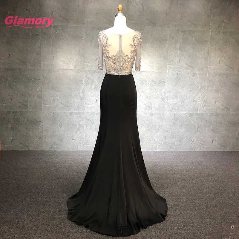 Real Sample Black High Neck Beading Evening Dress Long Women's Mermaid Luxury Custom Made Party Gowns