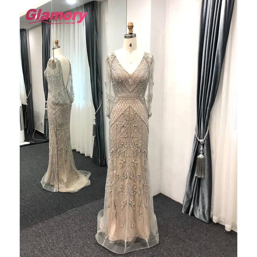 Silver 2020 NEW Design Sexy Hand Made Beading With Drape on Back V-Neck Mermaid Evening Dress