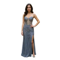 Smoky Blue Strapless Mermaid Hand Pleated Corset Crystal Embellished Sparkling Formal Prom Gala Dress