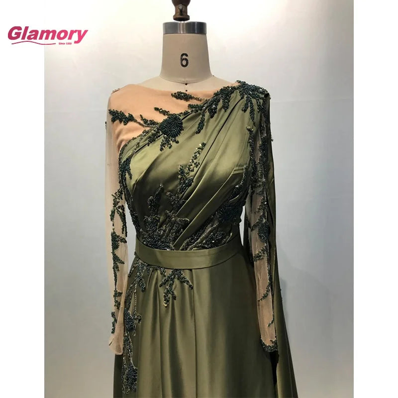 2020 New Arrival Long Sleeves Elegant Green Handmade Beading a Line Satin Prom Dress Plus Size for Woman Evening Party