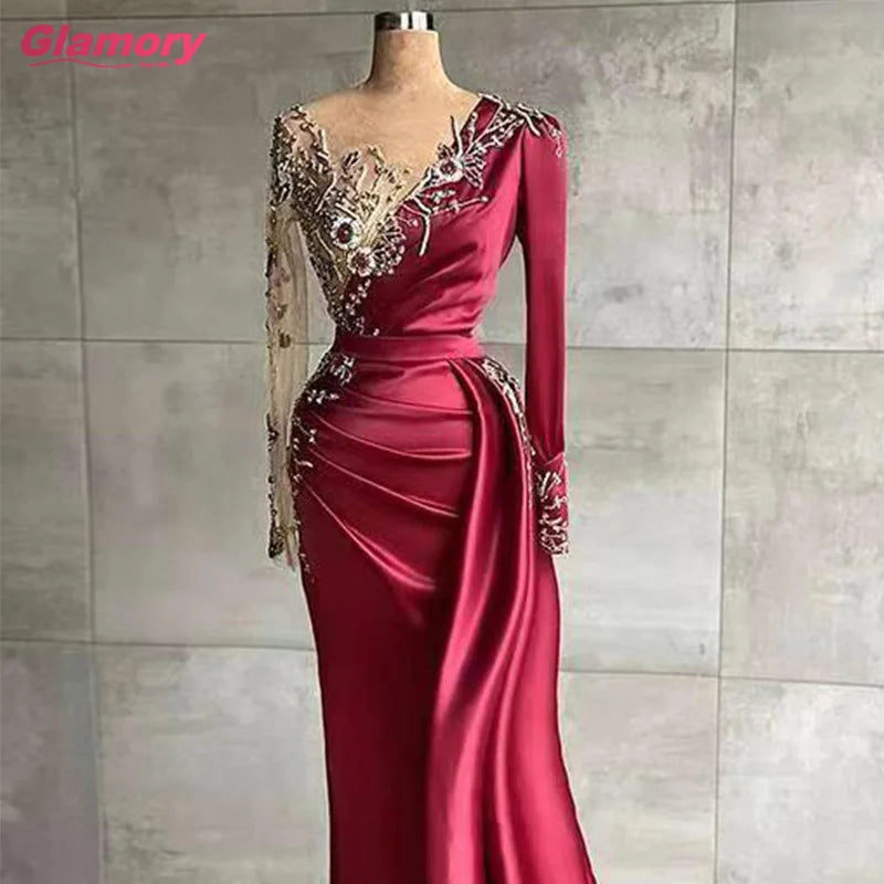 2021 Muslim New Style Long Sleeve Stain Evening Gowns Mermaid  Beading Party Wear Dresses for Women