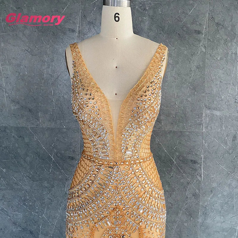 New 2020 Women Sexy Translucent Gold Silver Deep V-neck Slim Evening Dress for Woman