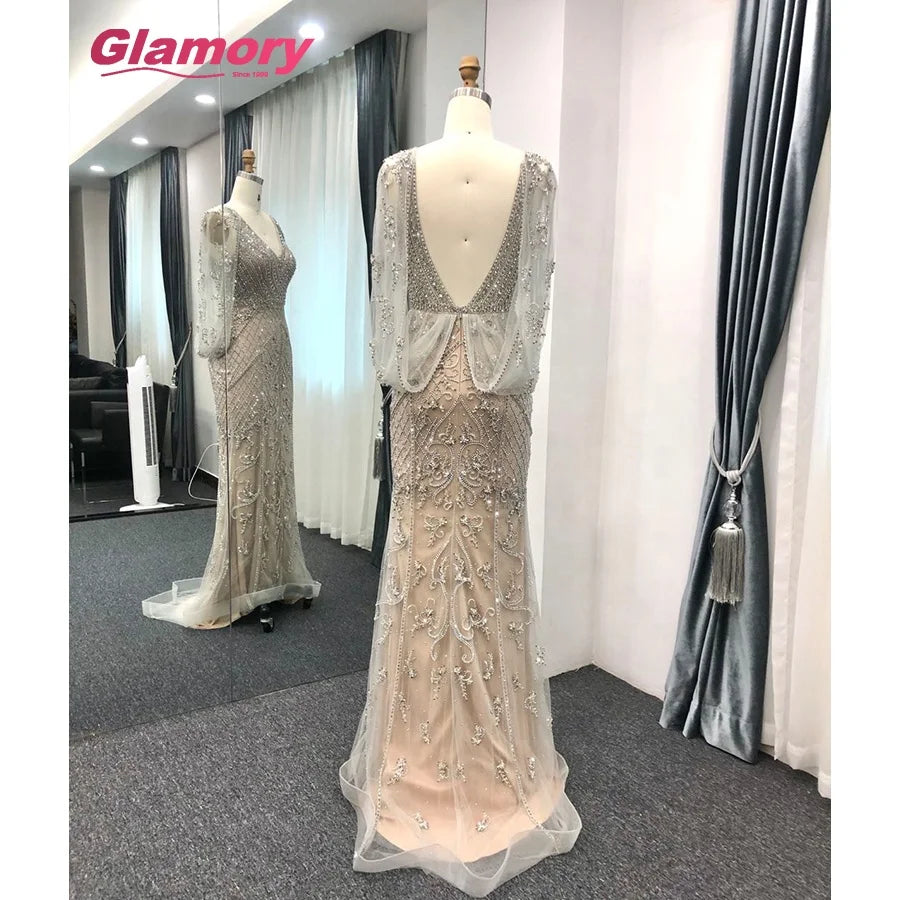 Silver 2020 NEW Design Sexy Hand Made Beading With Drape on Back V-Neck Mermaid Evening Dress