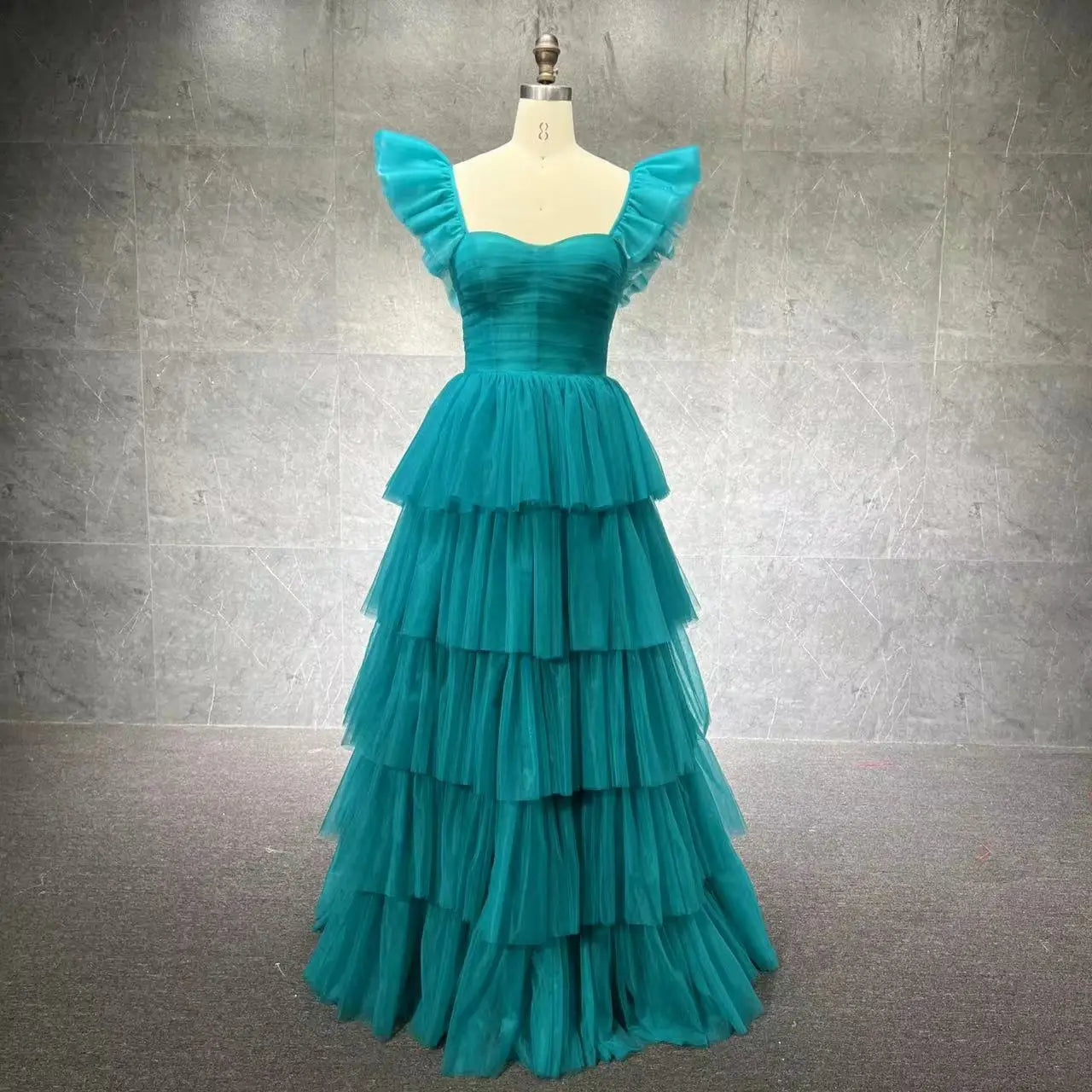 Green & Fuchsia Ruffled Straps a Line Evening Dresses for Women Wedding Party Layered Tulle Formal Prom