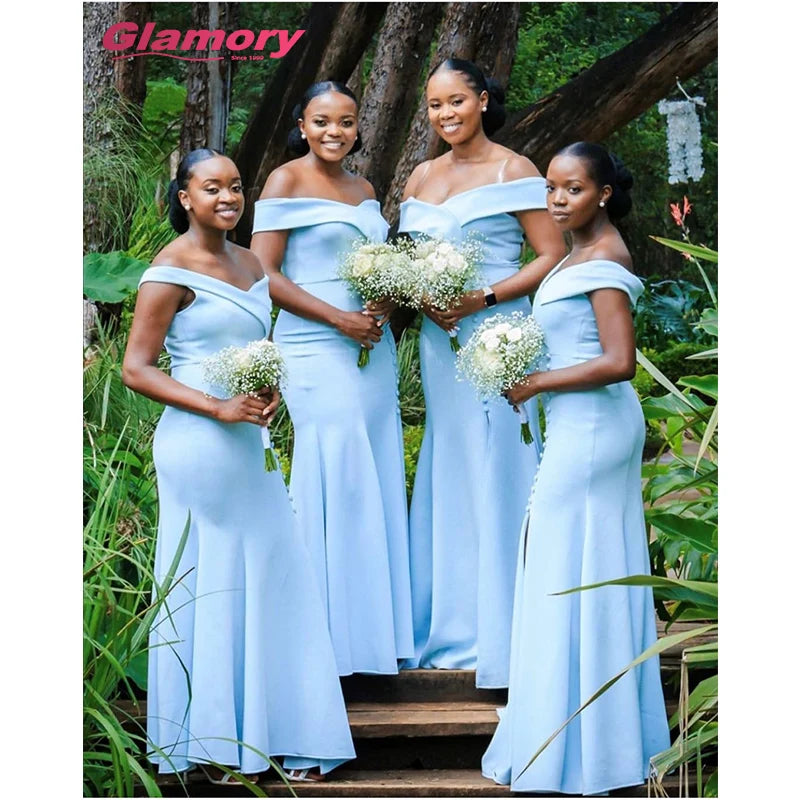 Light Sky Blue Long Adult Party Elegant Off-Shoulder Mikado Mermaid Style Wedding Bridal Dress