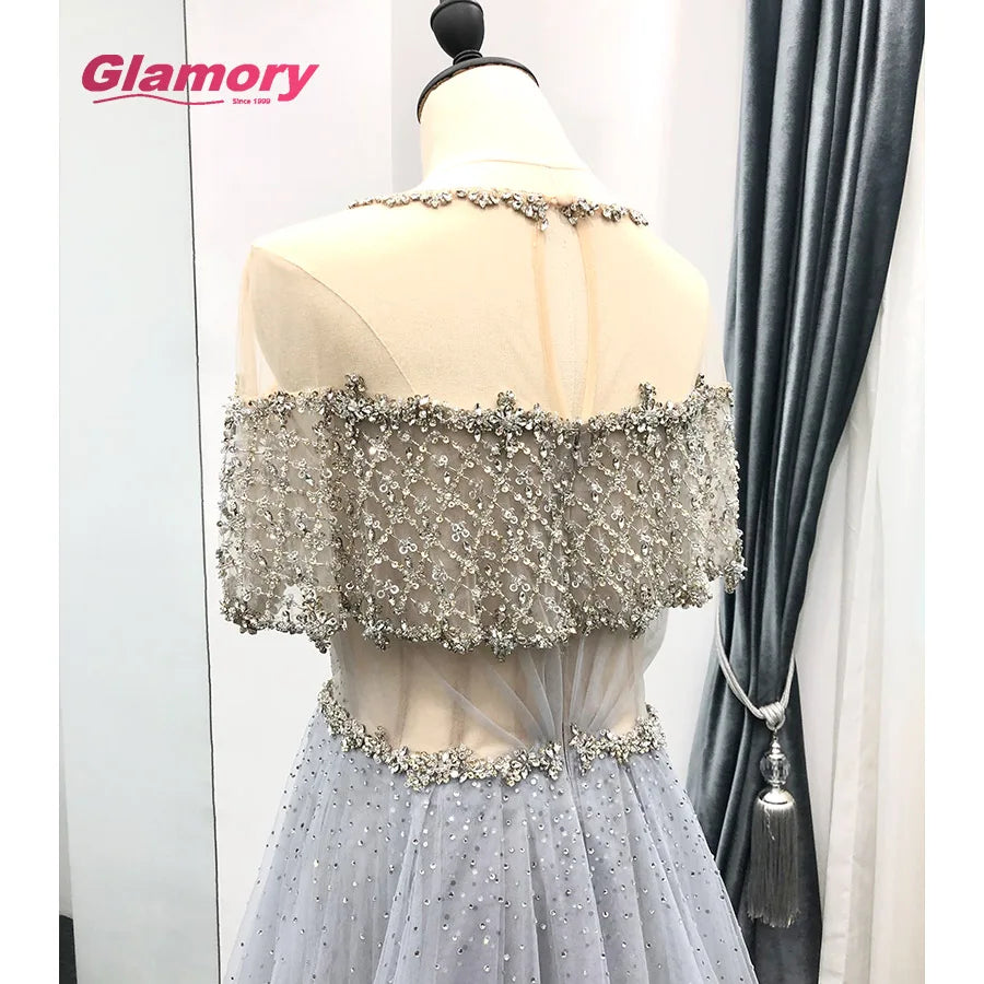 Hot Sale Evening Dresses Light Blue Short Sleeve a Line Party Wear Crystal Beaded Tulle Sexy Prom Dress