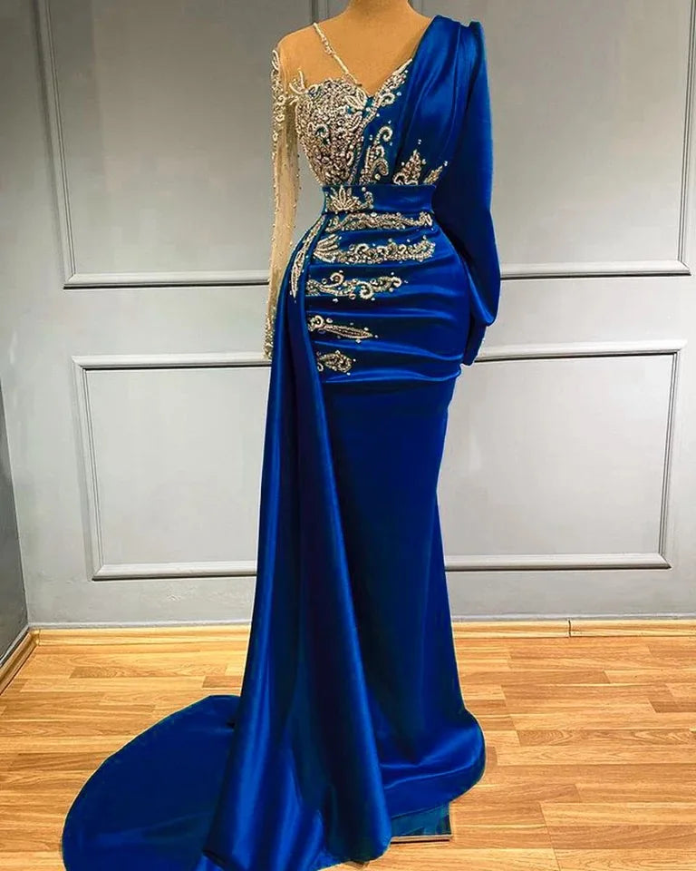 Blue High Quality Mermaid Long Sleeve Satin Evening Dresses Gowns 2022 Beaded Elegant for Women Party Dresses