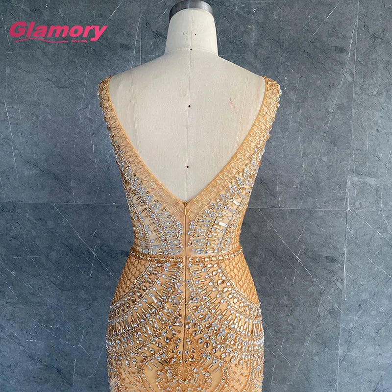 New 2020 Women Sexy Translucent Gold Silver Deep V-neck Slim Evening Dress for Woman