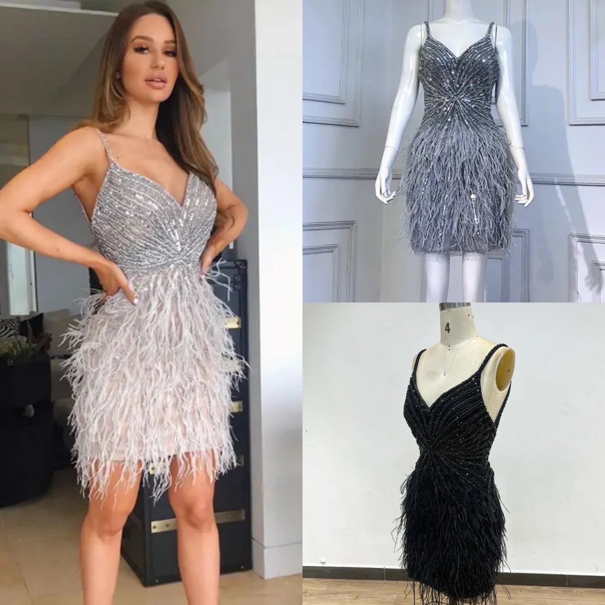 New Short Luxury Beaded Gown With Feathers Sexy Split Thigh Sheer Long Elegant Evening Dresses