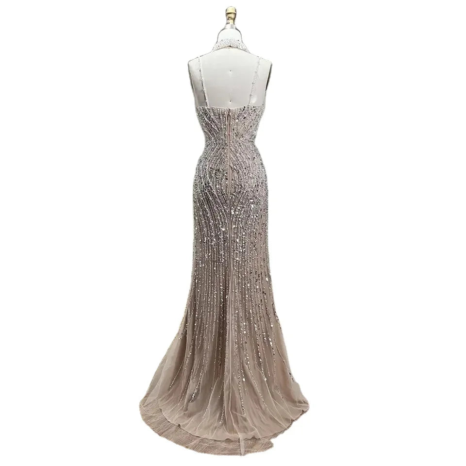 Caramel Mermaid Spaghetti with Split Strap Beaded Evening Dresses Prom Gowns Customize Party 2025